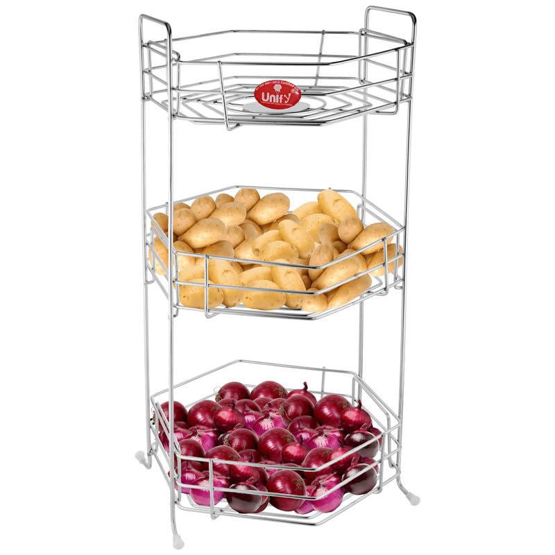 Stainless Steel 3-Tier Fruits & Vegetables Basket | Kitchen Storage Rack Organizer (Chrome) HEXA3BSKTC 1