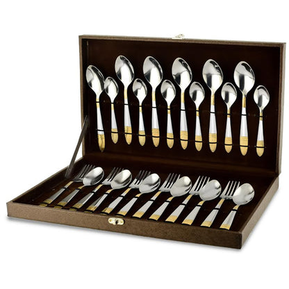24pc Stainless Steel Golden Cutlery | Gift Box | Ivory Design