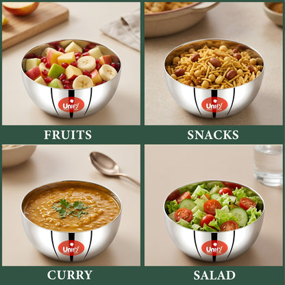 6 Pieces Stainless Steel Big Size Apple Bowl/Wati/Katori Heavy Gauge with Mirror Finish, 9.5cm Dia, Set of 6, 220ML Each, Silver