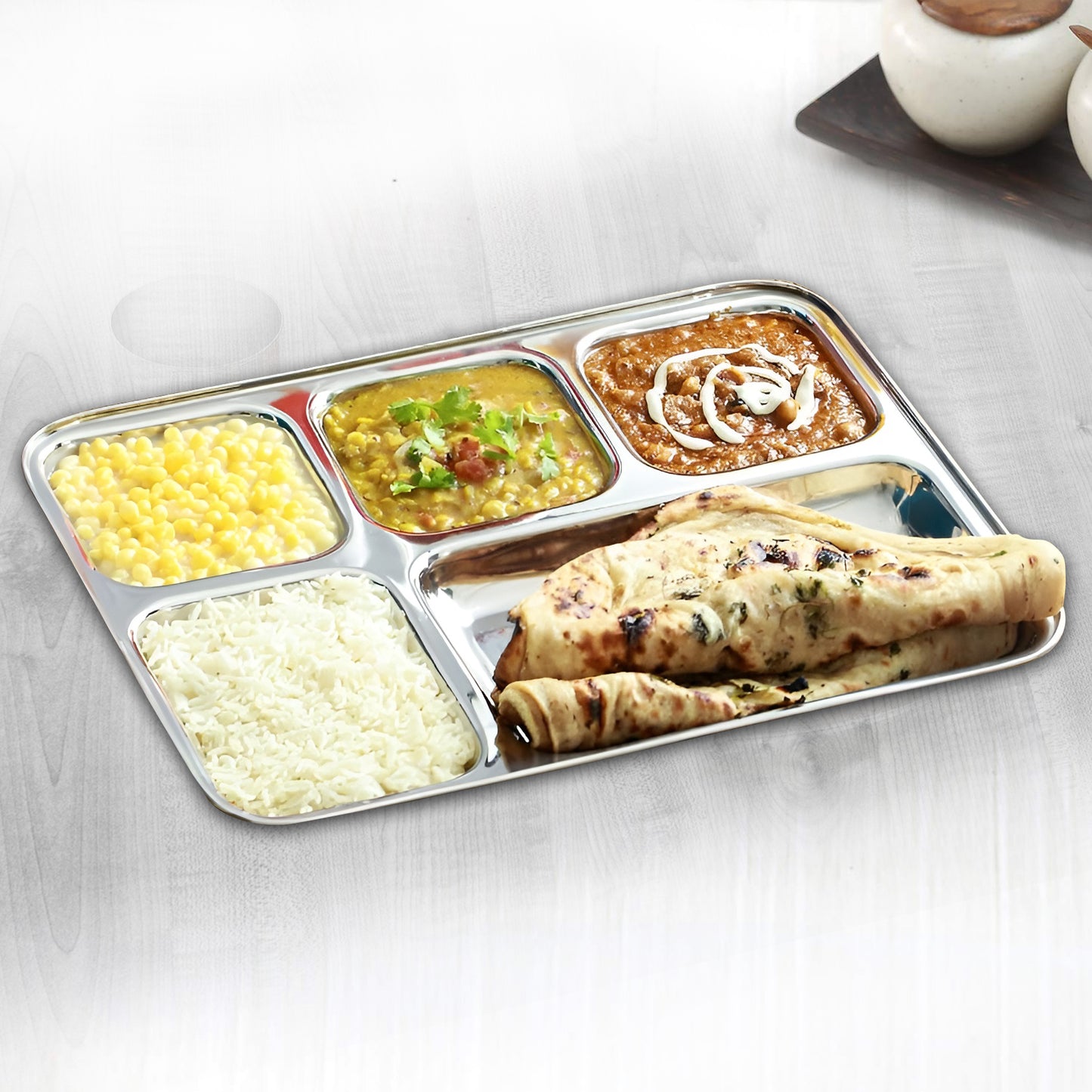 6pc Stainless Steel 5-Compartment Thali | Dinner Plate | Silver