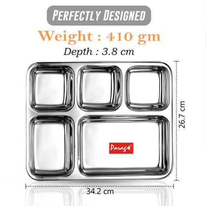 2pc Stainless Steel 5-Compartment Thali | Dinner Plate | Silver