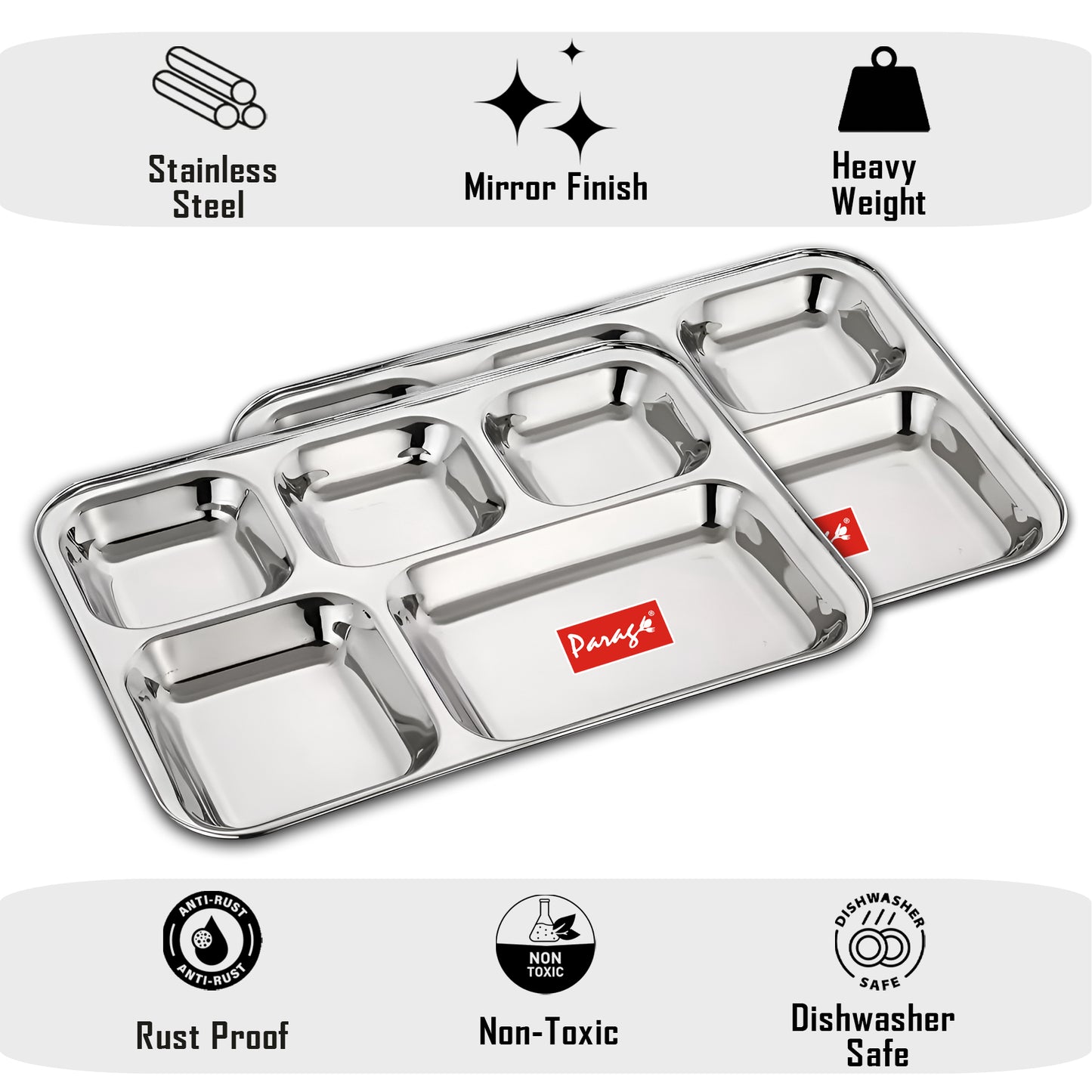 2pc Stainless Steel 5-Compartment Thali | Dinner Plate | Silver
