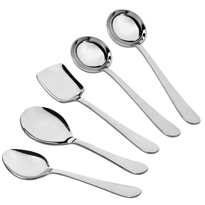 5-Piece Stainless Steel Serving Spoon Set | Heavy Gauge 1.8mm, 2 Soup, 1 Solid, 1 Rice & 1 Basting Spoons (Silver)