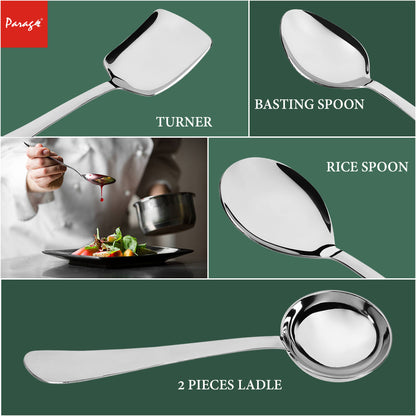 5-Piece Stainless Steel Serving Spoon Set | Heavy Gauge 1.8mm, 2 Soup, 1 Solid, 1 Rice & 1 Basting Spoons (Silver)