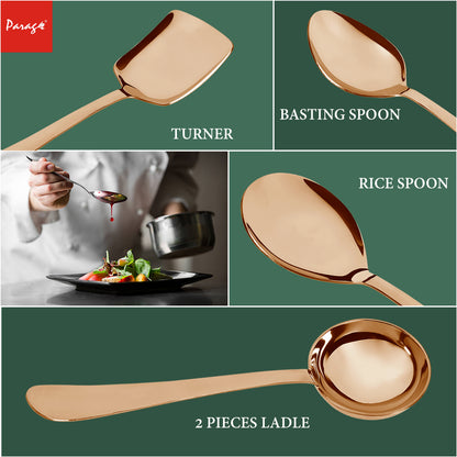 5-Piece Stainless Steel Serving Spoon Set | Heavy Gauge 1.8mm, 1 Soup, 1 Solid & 1 Rice Spoons (Steel Rose)