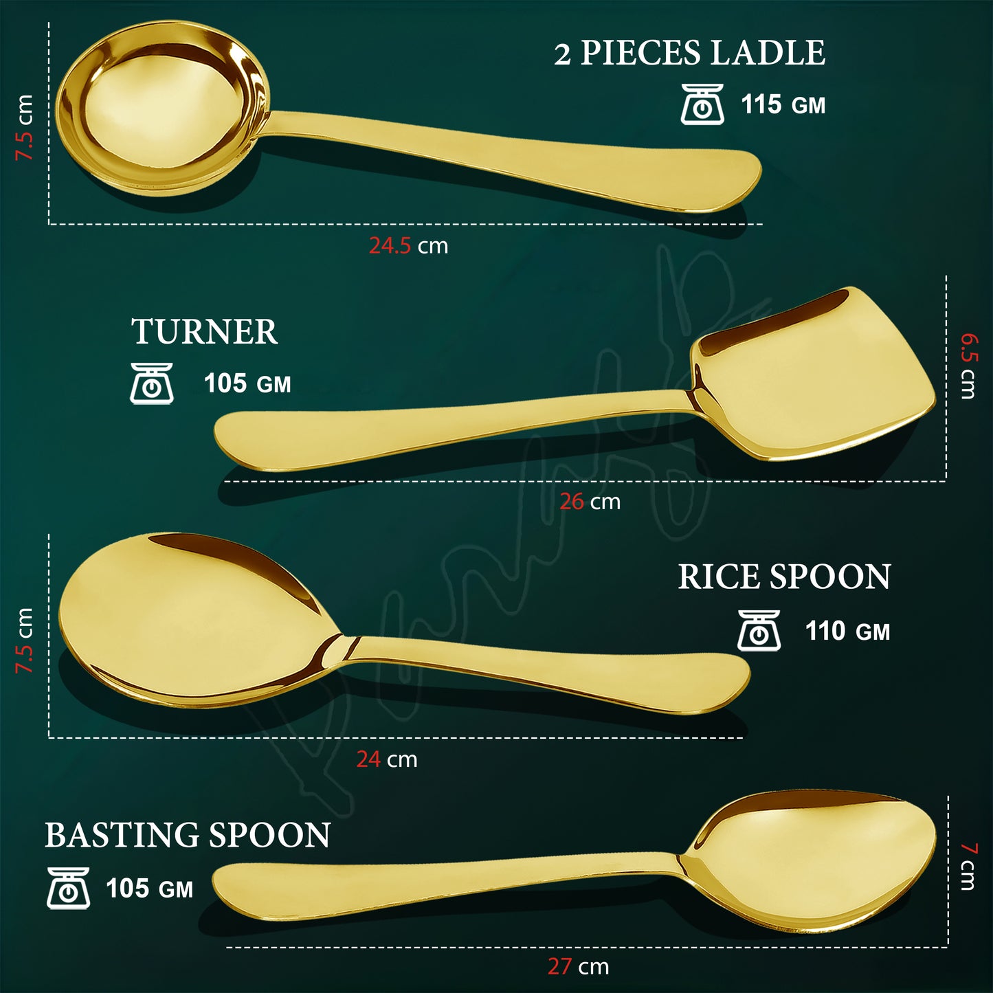 5-Piece Stainless Steel Gold Serving Spoon Set | Heavy Gauge 1.8mm, 1 Soup, 1 Solid, 1 Basting & 2 Rice Spoons