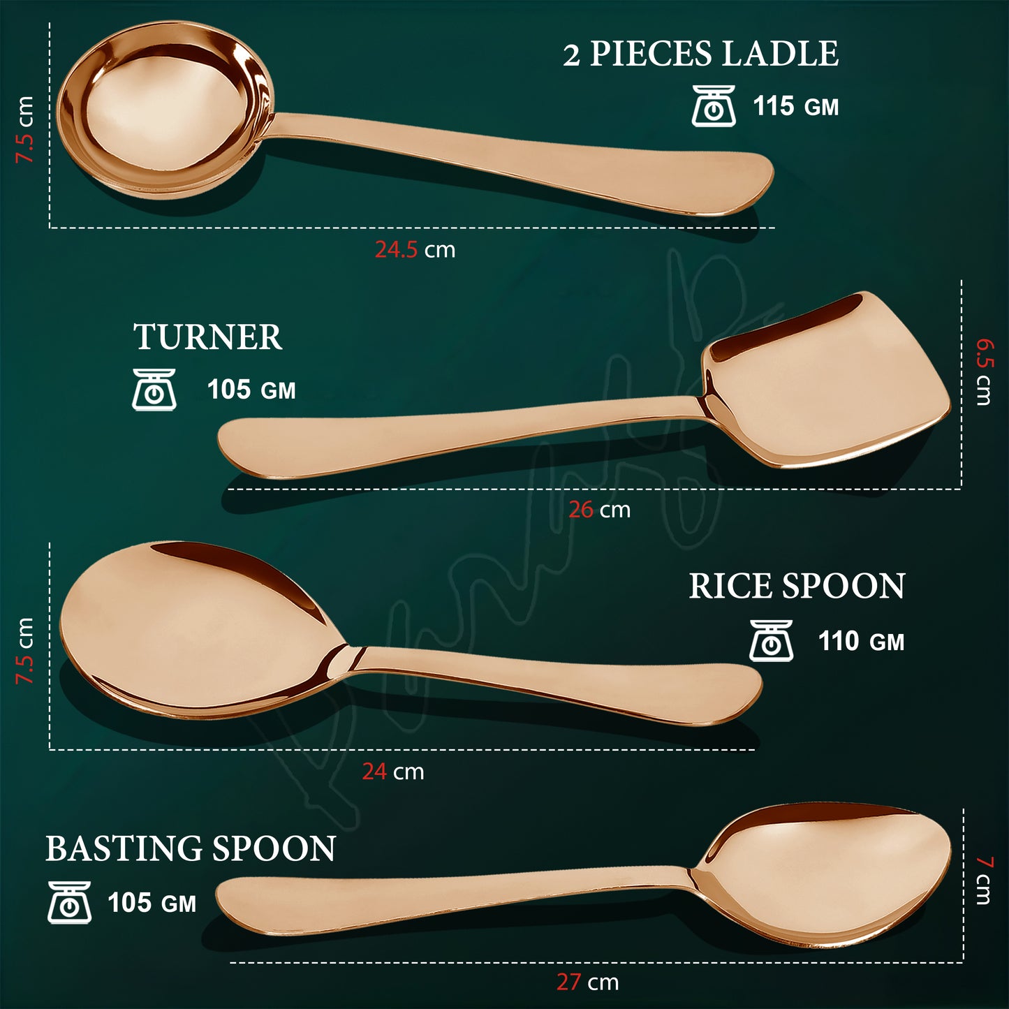 5-Piece Stainless Steel Serving Spoon Set | Heavy Gauge 1.8mm, 1 Soup, 1 Solid & 1 Rice Spoons (Steel Rose)