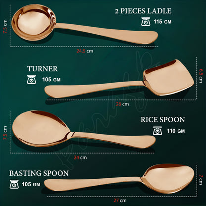 5-Piece Stainless Steel Serving Spoon Set | Heavy Gauge 1.8mm, 1 Soup, 1 Solid & 1 Rice Spoons (Steel Rose)