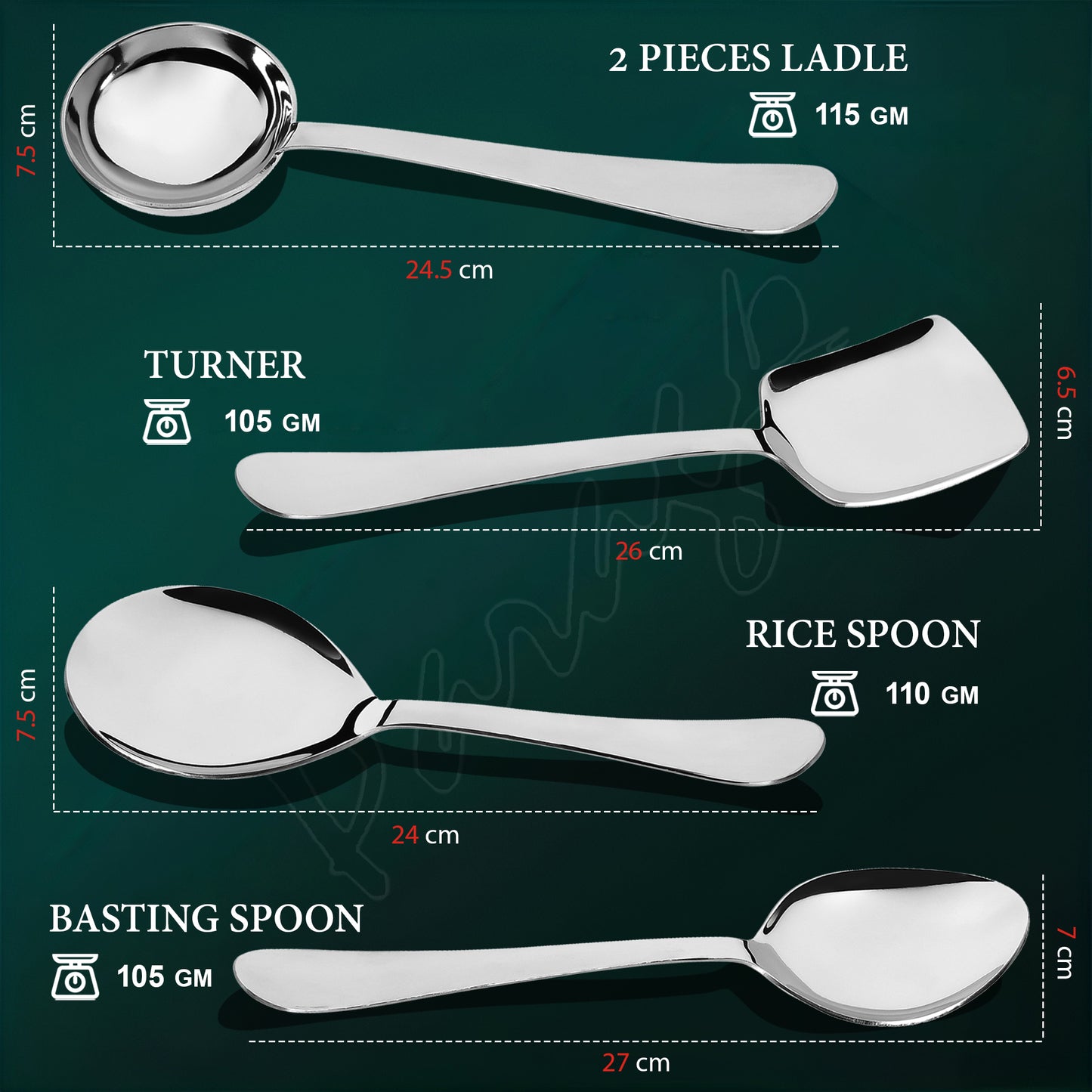 5-Piece Stainless Steel Serving Spoon Set | Heavy Gauge 1.8mm, 2 Soup, 1 Solid, 1 Rice & 1 Basting Spoons (Silver)