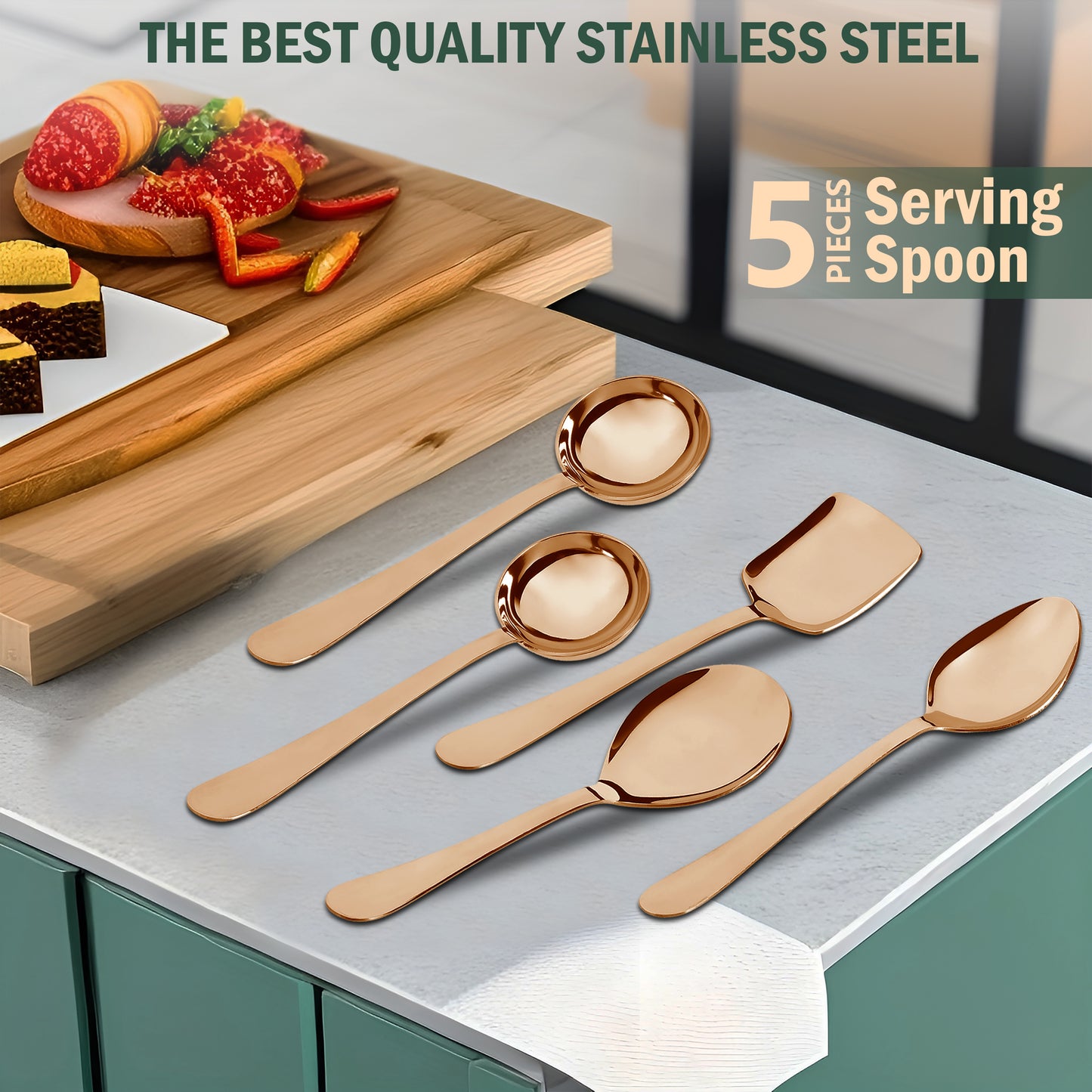 5-Piece Stainless Steel Serving Spoon Set | Heavy Gauge 1.8mm, 1 Soup, 1 Solid & 1 Rice Spoons (Steel Rose)