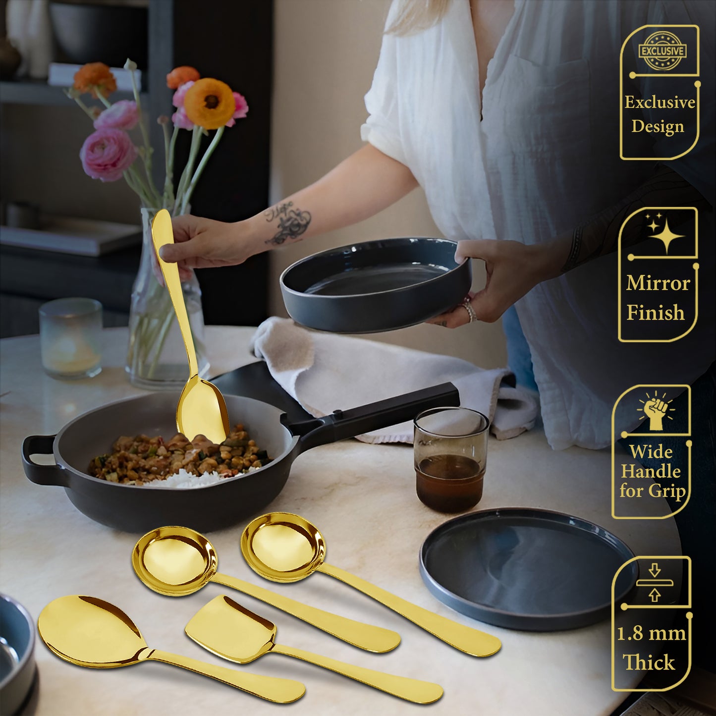 5-Piece Stainless Steel Gold Serving Spoon Set | Heavy Gauge 1.8mm, 1 Soup, 1 Solid, 1 Basting & 2 Rice Spoons