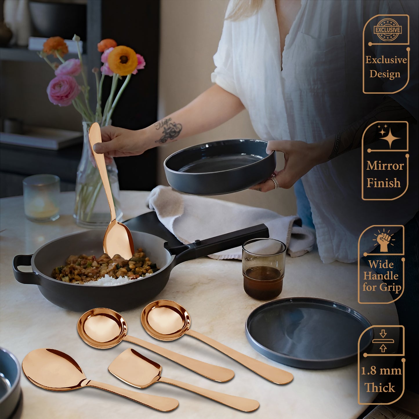 5-Piece Stainless Steel Serving Spoon Set | Heavy Gauge 1.8mm, 1 Soup, 1 Solid & 1 Rice Spoons (Steel Rose)