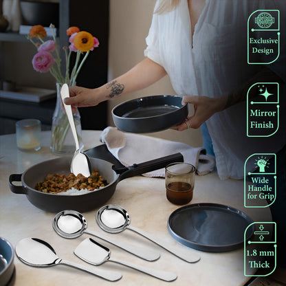 5-Piece Stainless Steel Serving Spoon Set | Heavy Gauge 1.8mm, 2 Soup, 1 Solid, 1 Rice & 1 Basting Spoons (Silver)