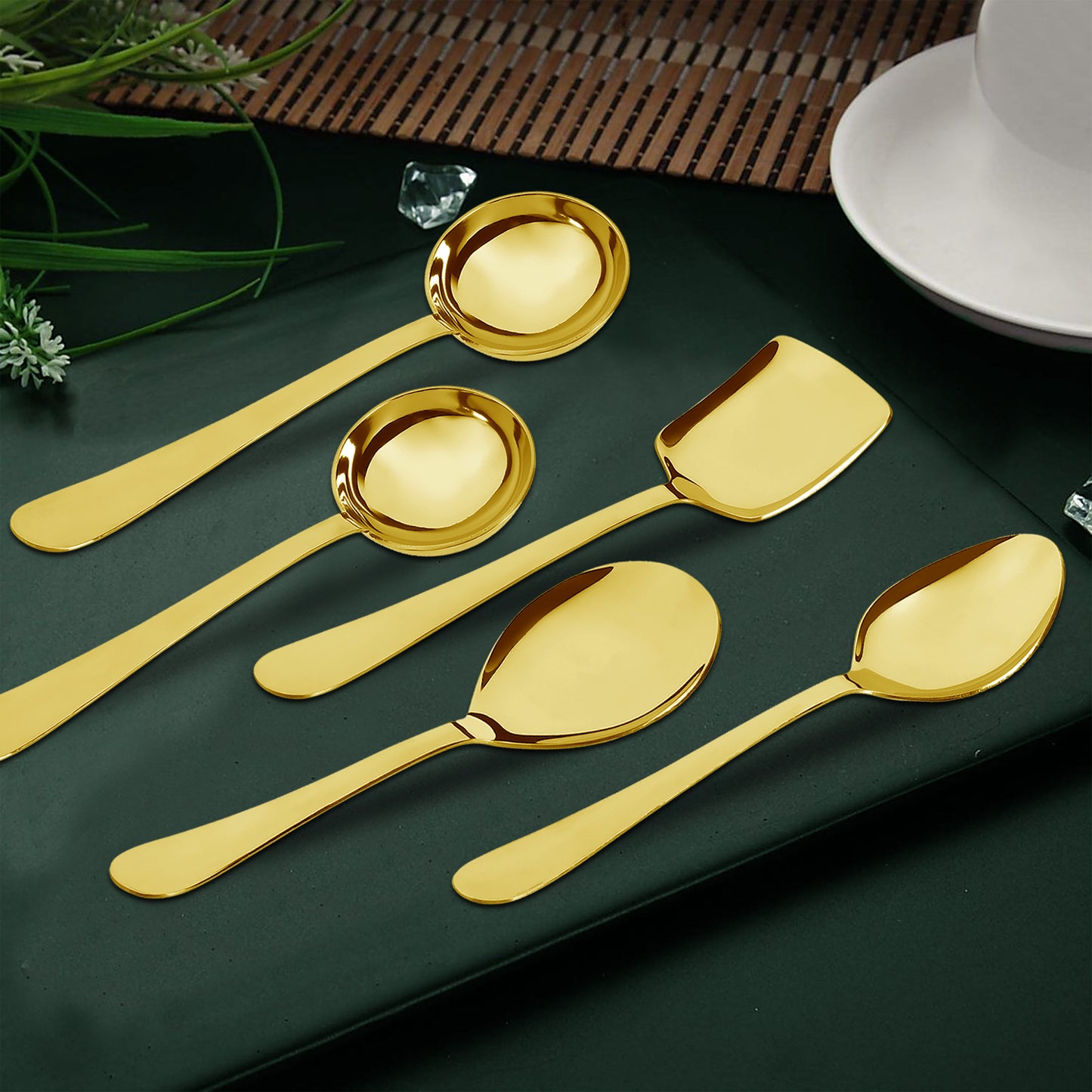 5-Piece Stainless Steel Gold Serving Spoon Set | Heavy Gauge 1.8mm, 1 Soup, 1 Solid, 1 Basting & 2 Rice Spoons