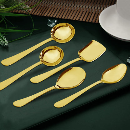 5-Piece Stainless Steel Gold Serving Spoon Set | Heavy Gauge 1.8mm, 1 Soup, 1 Solid, 1 Basting & 2 Rice Spoons
