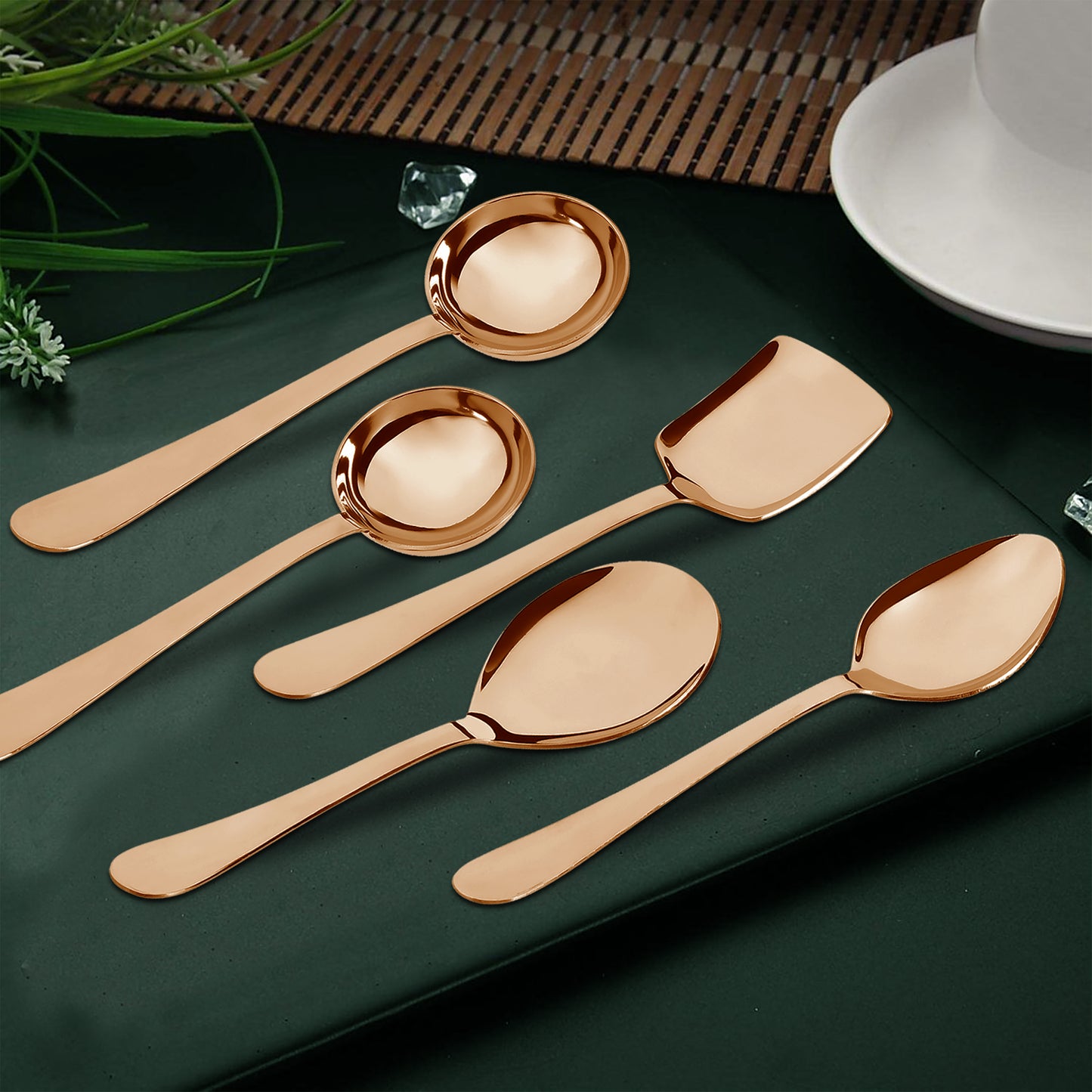 5-Piece Stainless Steel Serving Spoon Set | Heavy Gauge 1.8mm, 1 Soup, 1 Solid & 1 Rice Spoons (Steel Rose)
