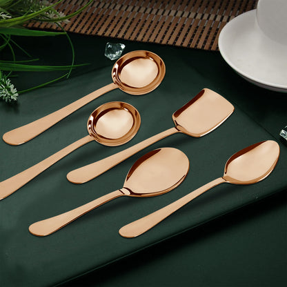 5-Piece Stainless Steel Serving Spoon Set | Heavy Gauge 1.8mm, 1 Soup, 1 Solid & 1 Rice Spoons (Steel Rose)