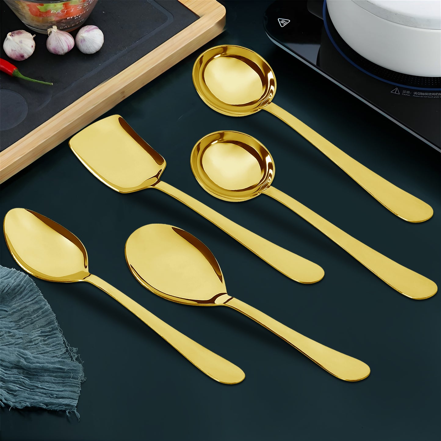 5-Piece Stainless Steel Gold Serving Spoon Set | Heavy Gauge 1.8mm, 1 Soup, 1 Solid, 1 Basting & 2 Rice Spoons