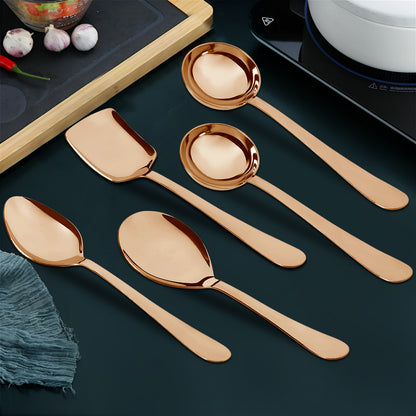 5-Piece Stainless Steel Serving Spoon Set | Heavy Gauge 1.8mm, 1 Soup, 1 Solid & 1 Rice Spoons (Steel Rose)