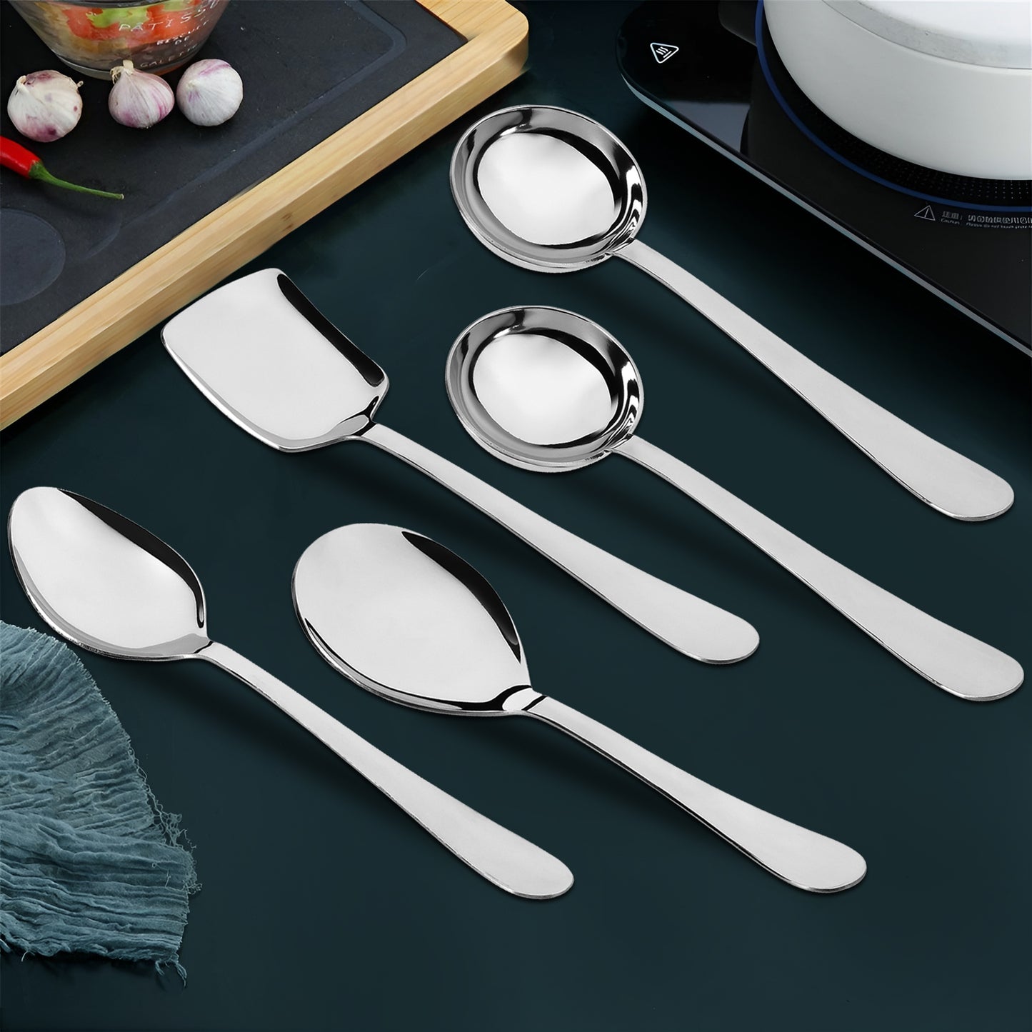 5-Piece Stainless Steel Serving Spoon Set | Heavy Gauge 1.8mm, 2 Soup, 1 Solid, 1 Rice & 1 Basting Spoons (Silver)