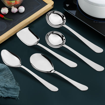 5-Piece Stainless Steel Serving Spoon Set | Heavy Gauge 1.8mm, 2 Soup, 1 Solid, 1 Rice & 1 Basting Spoons (Silver)