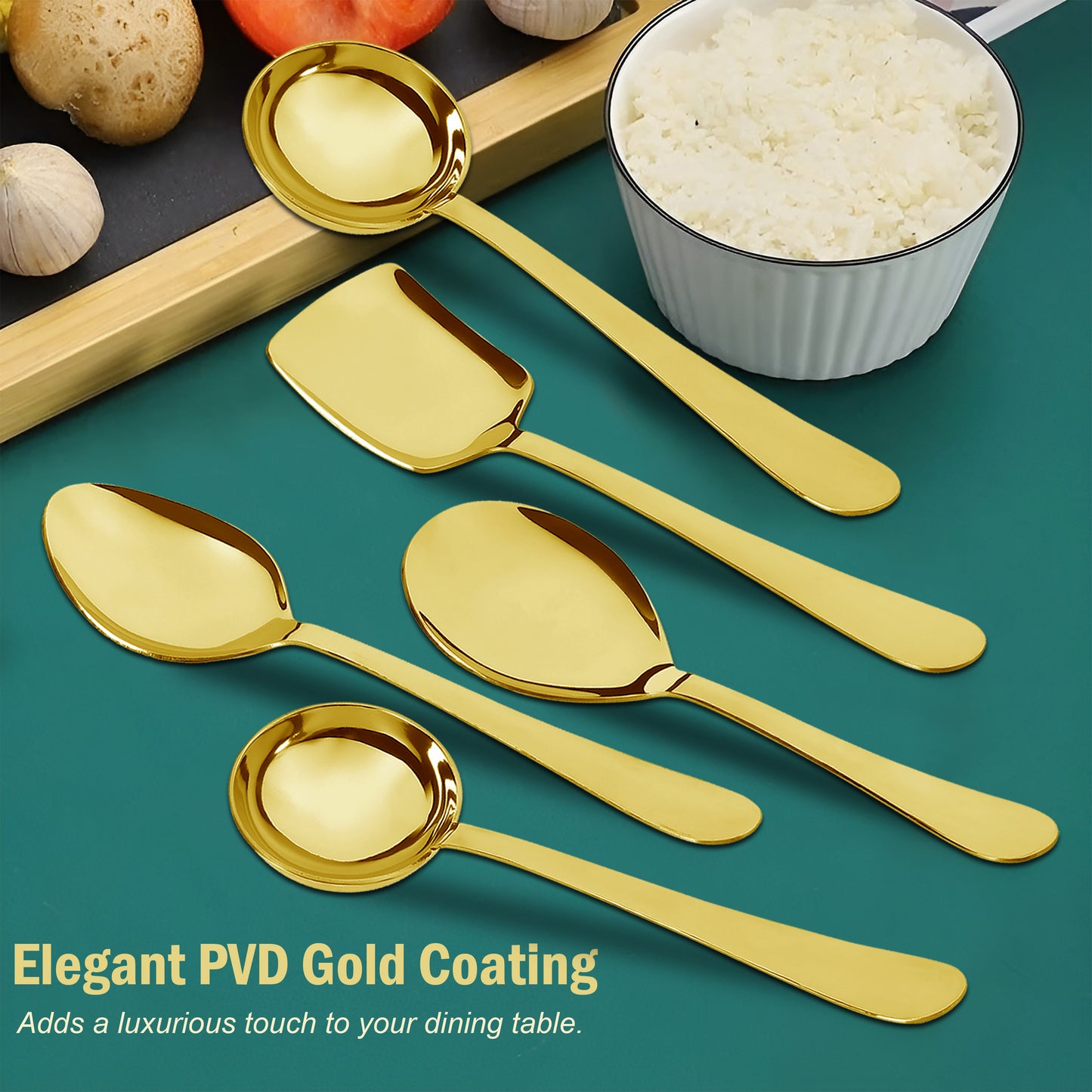 5-Piece Stainless Steel Gold Serving Spoon Set | Heavy Gauge 1.8mm, 1 Soup, 1 Solid, 1 Basting & 2 Rice Spoons