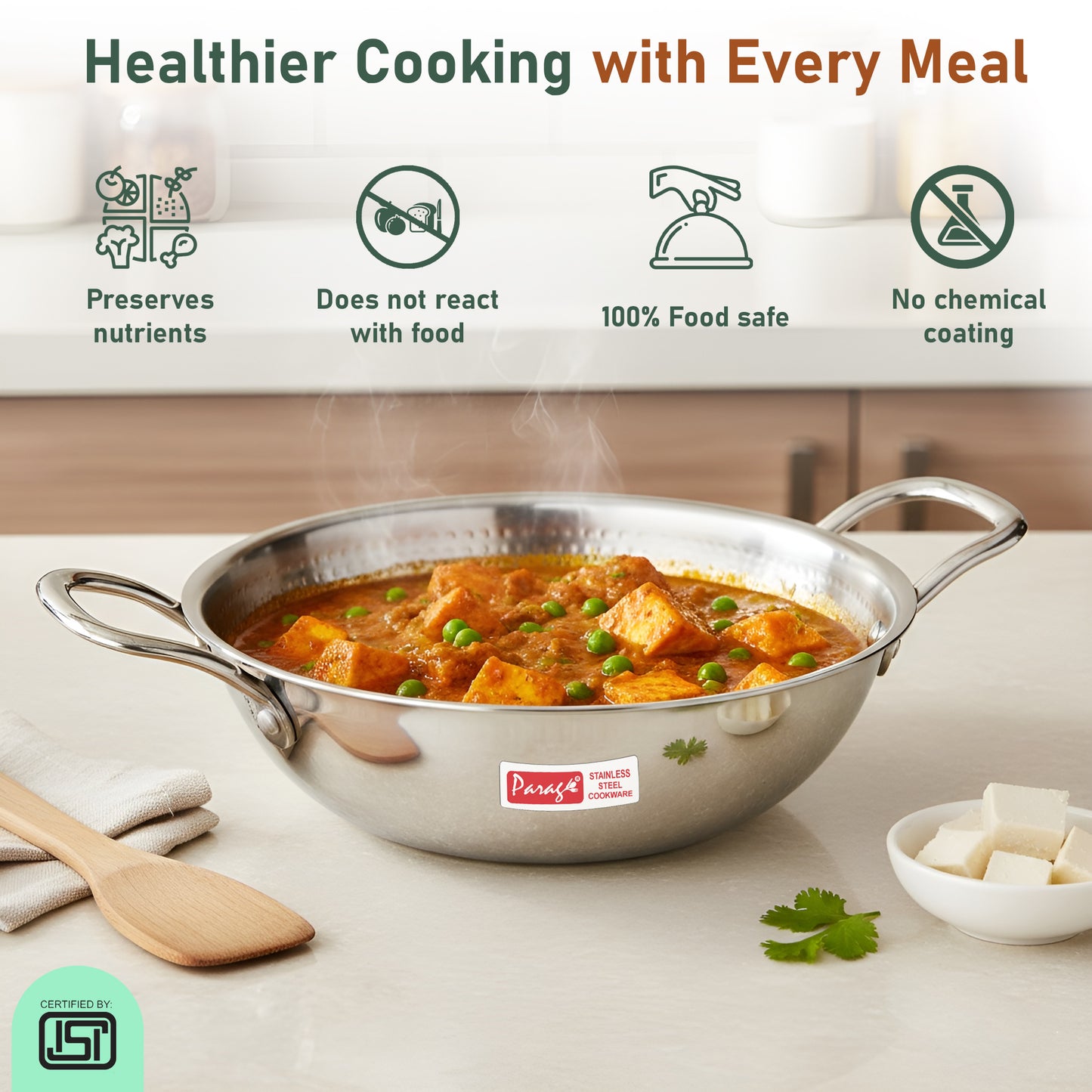1 Piece Tripure Tri-Ply Hammered Stainless Steel Kadhai 24 cm | ISI Mark Certified | 2.6 LTR Deep Kadhai for Induction & Gas Stove | Even Heat Distribution, Non-Reactive, Heavy Bottom Cookware