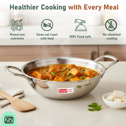 1 Piece Tripure Tri-Ply Hammered Stainless Steel Kadhai 24 cm | ISI Mark Certified | 2.6 LTR Deep Kadhai for Induction & Gas Stove | Even Heat Distribution, Non-Reactive, Heavy Bottom Cookware