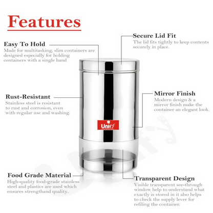 6-Piece Stainless Steel Container Set | 900ML Airtight Jars for Home & Kitchen - Ideal for Spices, Food Grains, Nuts, Glossy Finish