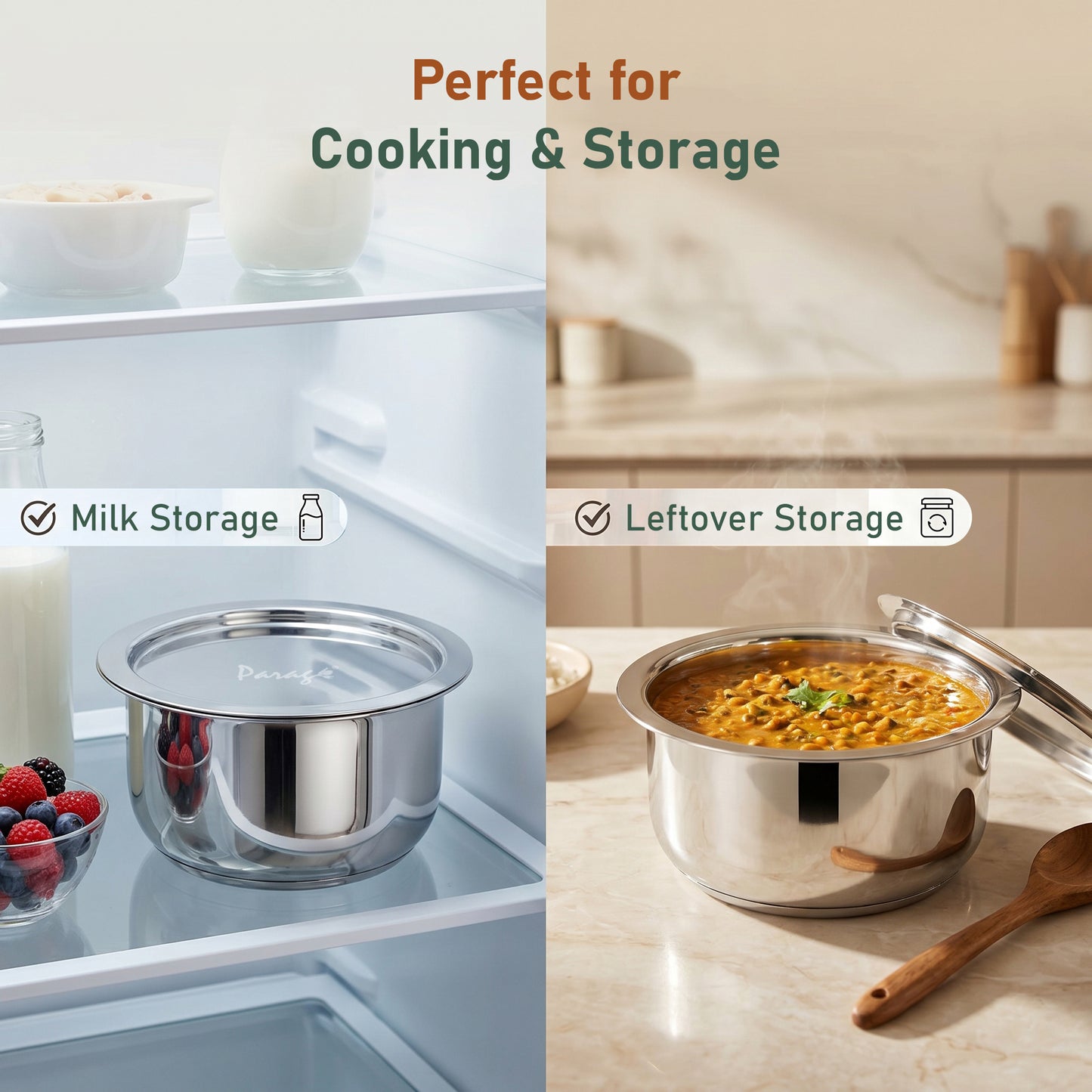 2 Pieces Tri-Bond Stainless Steel Tope Set with Lid, 1 L, 1.3 L, Tri-Ply Bottom Patila, Bhagona/Bhigona Set for Gas & Induction Compatible, Boiling Cooking Pots (Size No. 11, 12)