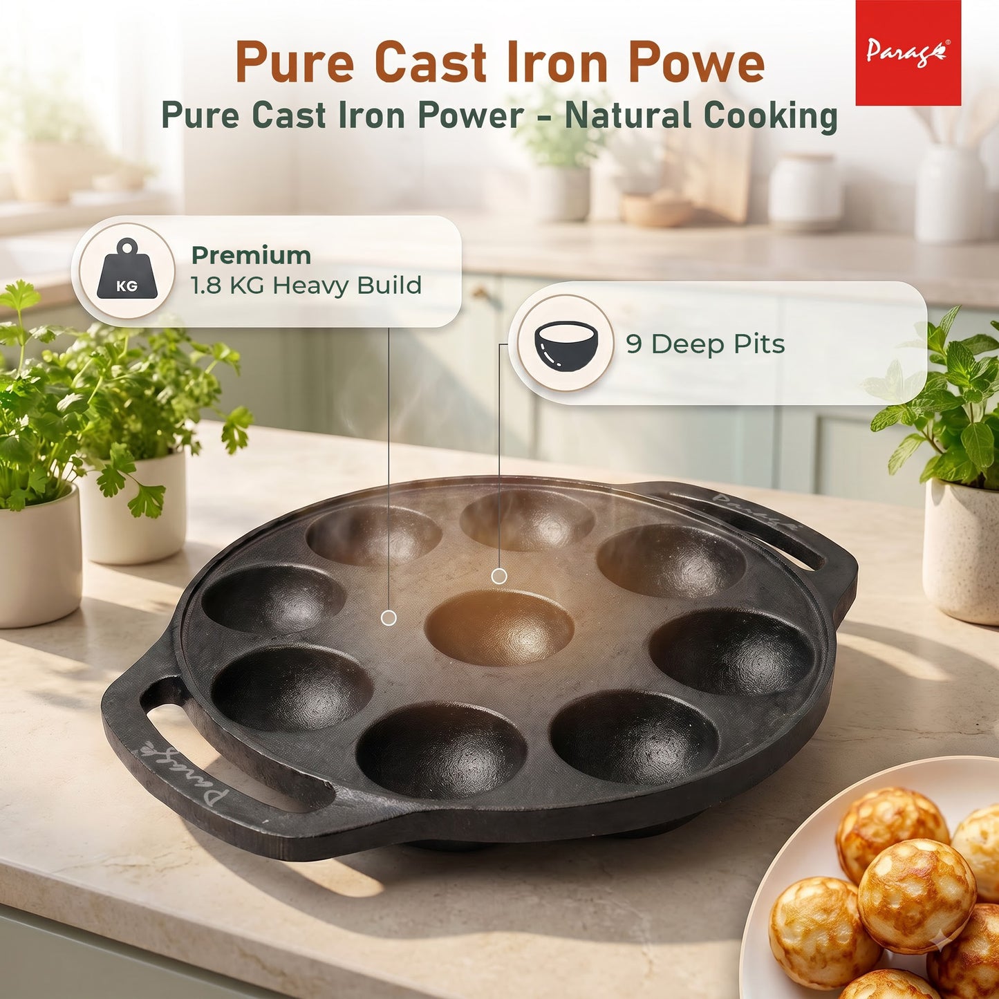 Cast Iron Paniyaram Appe Pan, 9 Pits, Appam Maker & Paniyaram Tawa, Heavy Duty Naturally Non-Stick Cast Iron Cookwar – Parage
