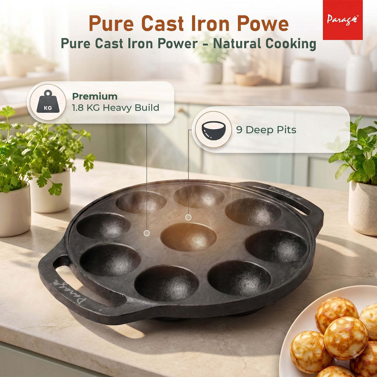 Cast Iron Paniyaram Appe Pan, 9 Pits, Appam Maker & Paniyaram Tawa, Heavy Duty Naturally Non-Stick Cast Iron Cookwar – Parage
