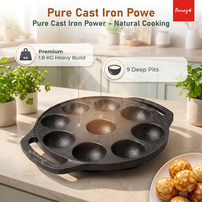 Cast Iron Paniyaram Appe Pan, 9 Pits, Appam Maker & Paniyaram Tawa, Heavy Duty Naturally Non-Stick Cast Iron Cookwar – Parage