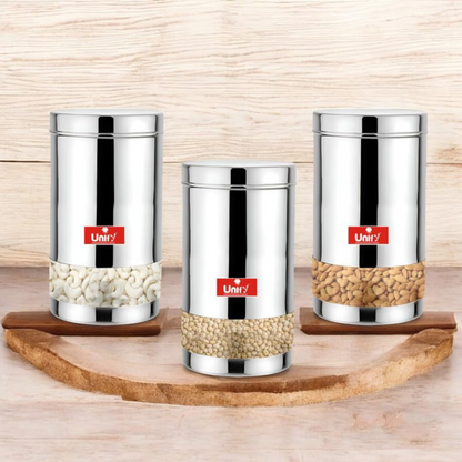 3-Piece Stainless Steel Container Set | 900ML Airtight Jars for Home & Kitchen - Ideal for Spices, Food Grains, Nuts, Glossy Finish