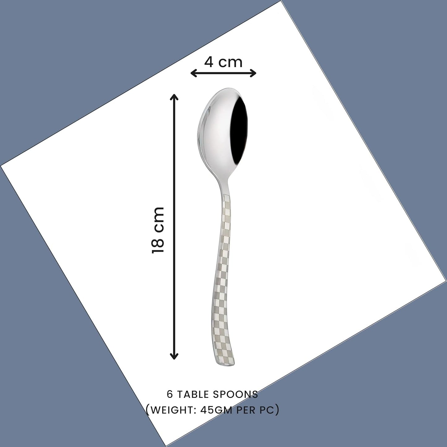 6 Pieces Stainless Steel Premium Dinner Spoon Set, 18.5 cm, Silver, Checks Design 6CHESSDS 2