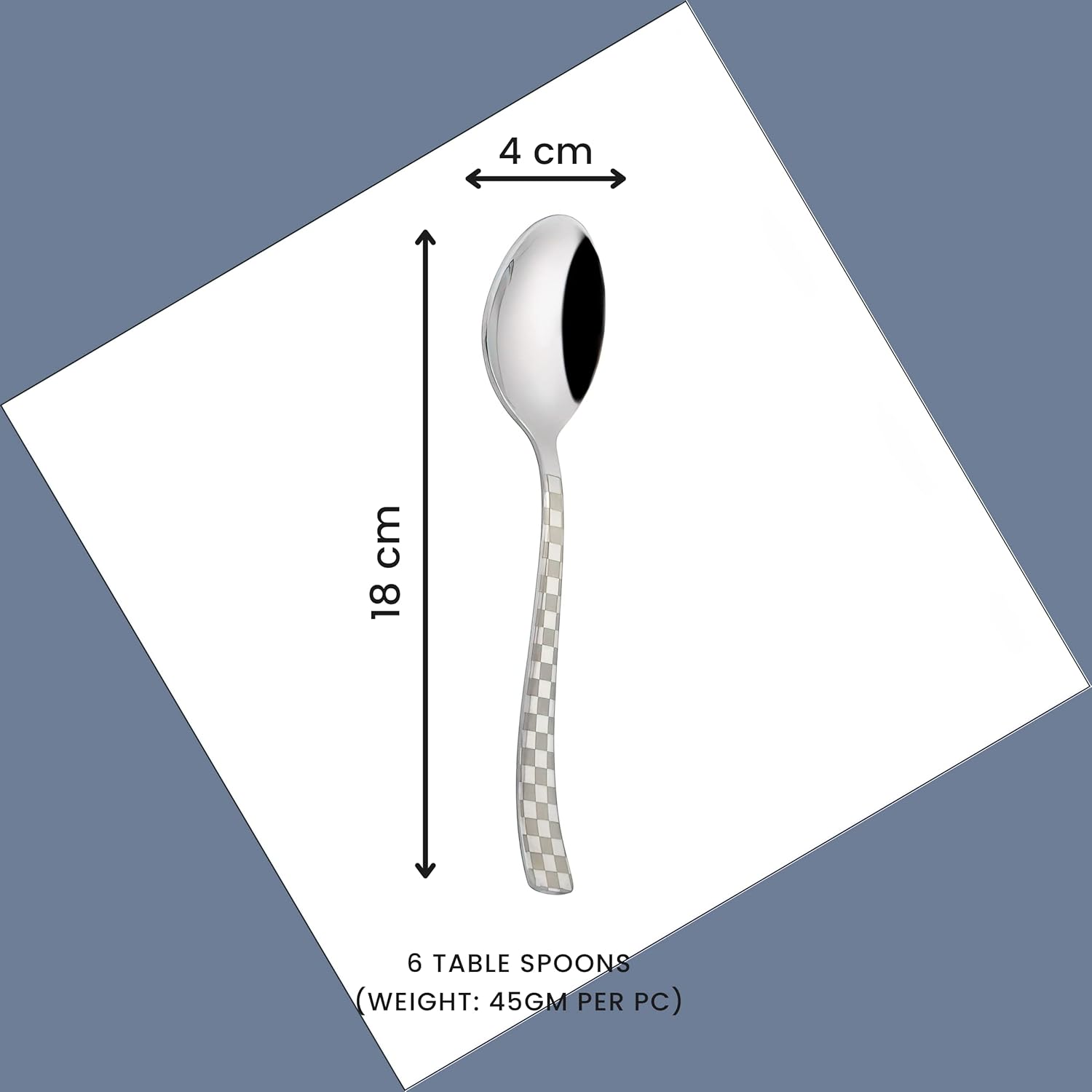 6 Pieces Stainless Steel Premium Dinner Spoon Set, 18.5 cm, Silver, Checks Design 6CHESSDS 2