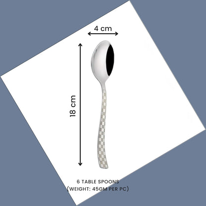 6 Pieces Stainless Steel Premium Dinner Spoon Set, 18.5 cm, Silver, Checks Design 6CHESSDS 2
