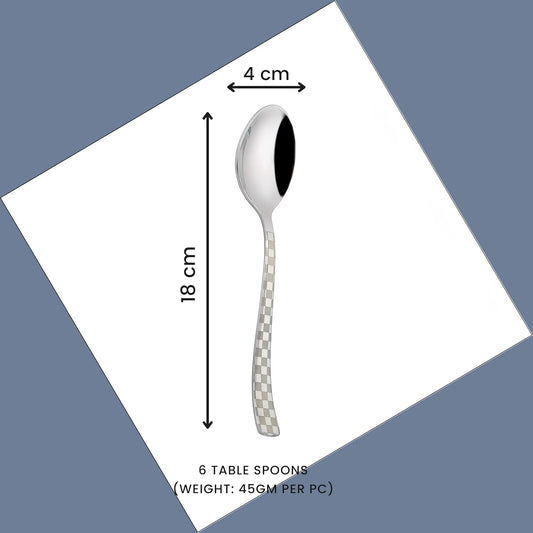 6 Pieces Stainless Steel Premium Table Spoon Set, 18.5 cm, Silver, Checks Design