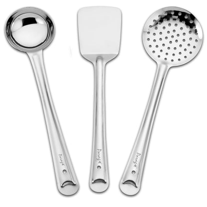 3-Piece Stainless Steel Kitchen Tools Set | Ladle, Skimmer & Turner, Silver (32-34.5 cm)