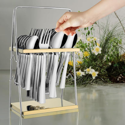 25-Piece Impress Design Premium Stainless Steel Cutlery Set with Stand – Forks, Spoons & Tea Spoons for Stylish Dining Table