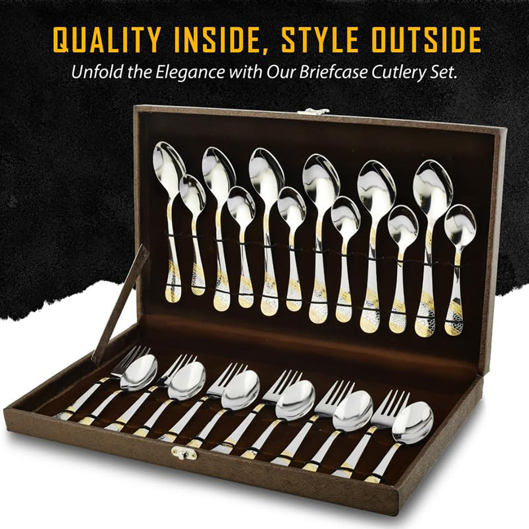 24 Pcs Premium Stainless Steel 24K Golden Cutlery Set - 6 Table Spoons, 6 Forks, 6 Dinner & Tea Spoons, Gift Box