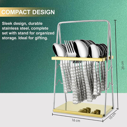25-Piece Arrow Design Premium Stainless Steel Cutlery Set with Stand – Forks, Spoons & Tea Spoons for Stylish Dining Table