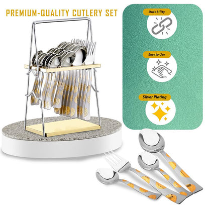 25 Pieces 24K Gold Moonpress Stainless Steel Cutlery Set - Table Spoons, Forks & Stand