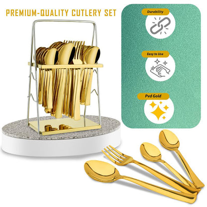 25-Piece PVD Gold Premium Stainless Steel Cutlery Set with Stand – Forks, Spoons & Tea Spoons for Elegant Dining Table