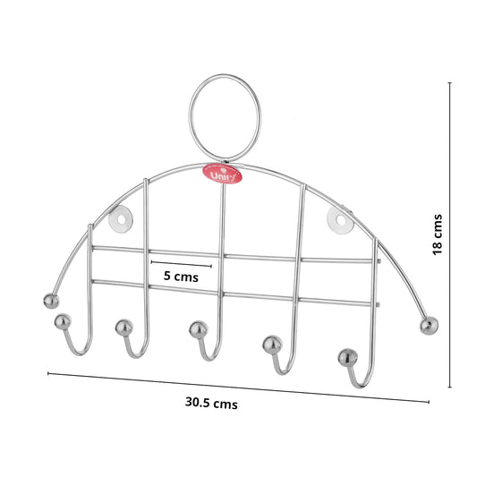 Stainless Steel Wall Cloth Hanger with 5 Hooks | Door Mounted for Bathroom & Kitchen (30.5 cm, Silver)