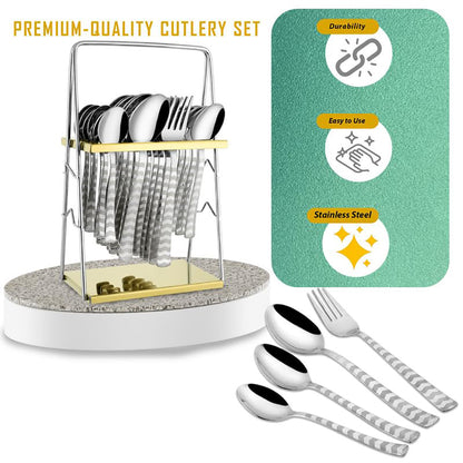 25-Piece Arrow Design Premium Stainless Steel Cutlery Set with Stand – Forks, Spoons & Tea Spoons for Stylish Dining Table