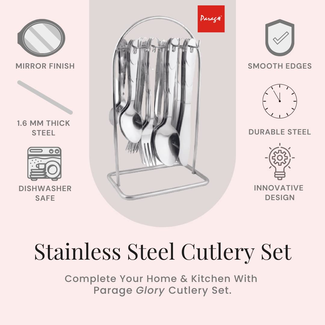 25 Pcs Stainless Steel Cutlery Set with Stand for Home & Kitchen | Silver Set GLORYPARAG 3