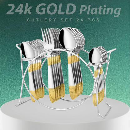 25-Piece Ivory Gold Stainless Steel Cutlery Set with Stand | 24K Gold Plated Spoons & Forks