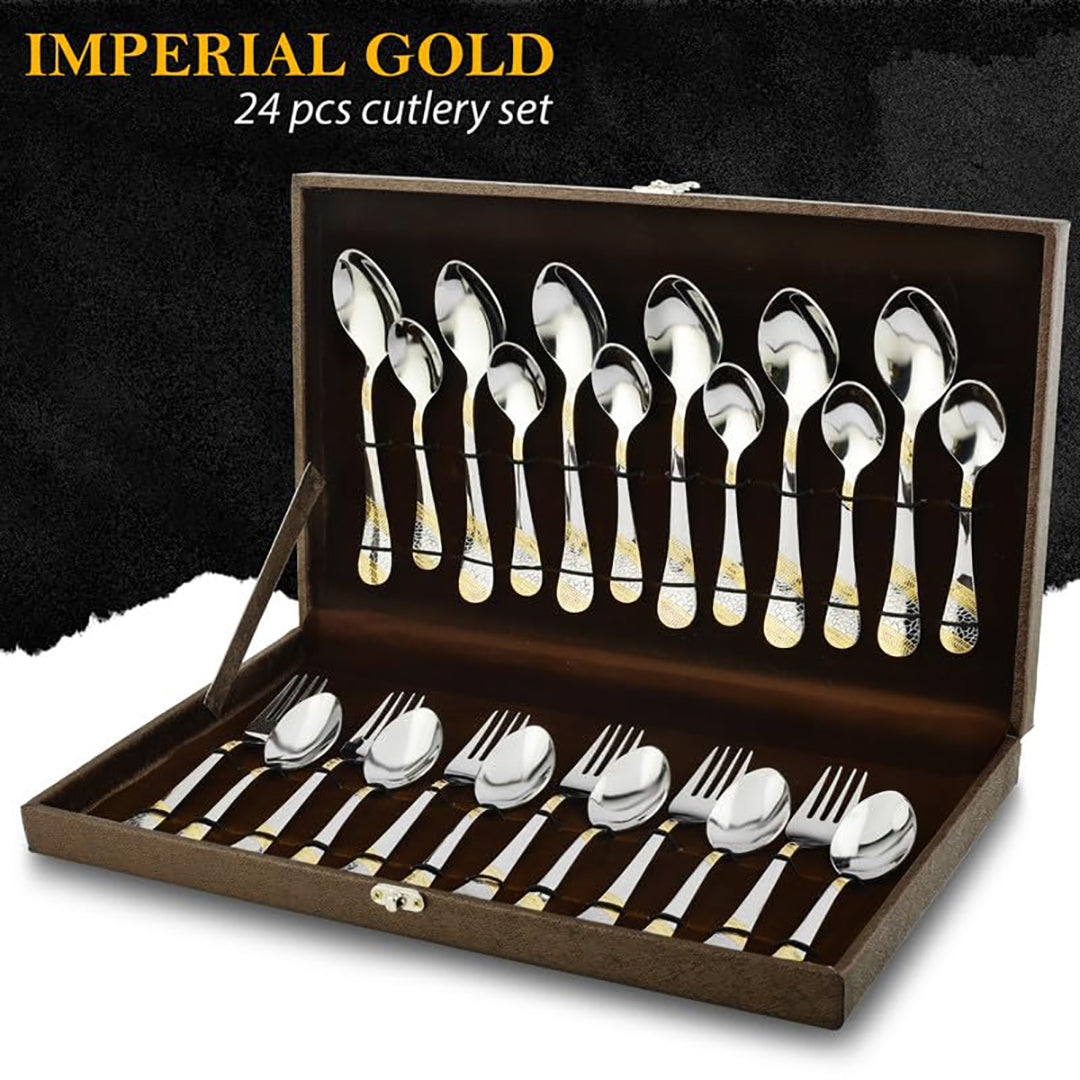 24 Pcs Premium Stainless Steel 24K Golden Cutlery Set - 6 Table Spoons, 6 Forks, 6 Dinner & Tea Spoons, Gift Box