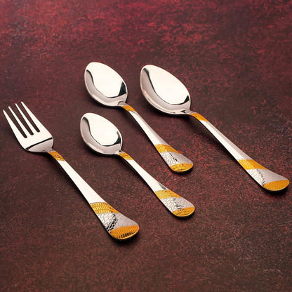 24 Pcs Premium Stainless Steel 24K Golden Cutlery Set - 6 Table Spoons, 6 Forks, 6 Dinner & Tea Spoons, Gift Box